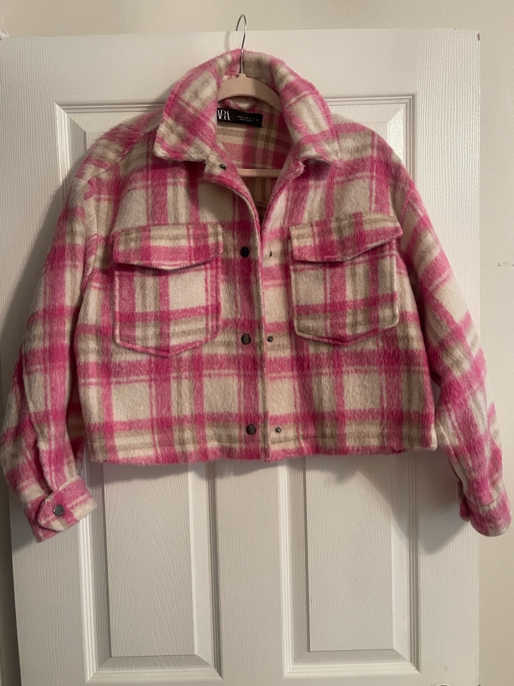 Zara Pink & Cream Plaid Cropped Jacket